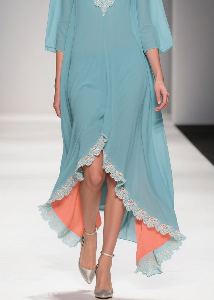 Loose Mint Green Blue Asymmetrical Lace Chiffon Dress Half Sleeve