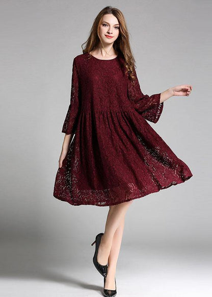 Loose Mulberry Lace Wrinkled Spring Long Dress Three Quarter Sleeve - SooLinen
