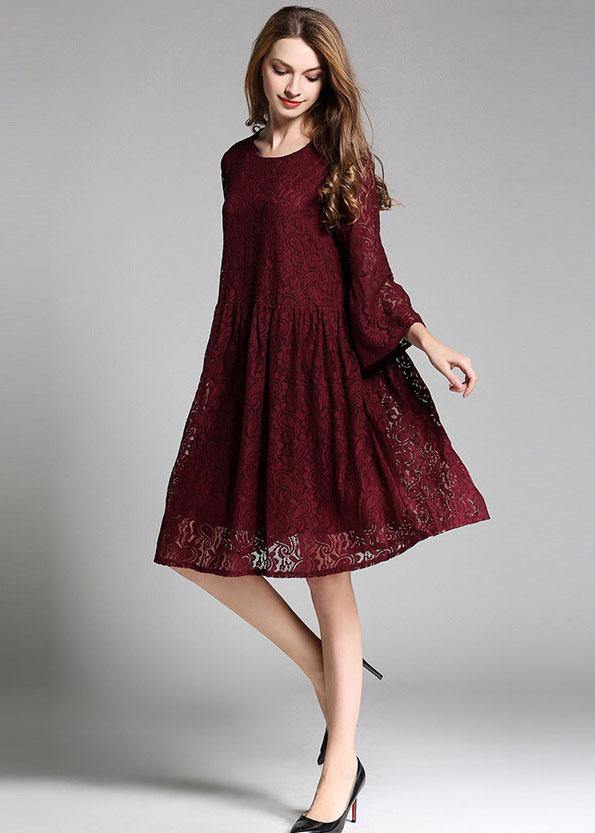 Loose Mulberry Lace Wrinkled Spring Long Dress Three Quarter Sleeve - SooLinen