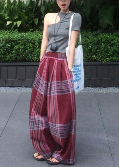 Loose Mulberry Oversized Plaid Cotton Straight Pants Summer