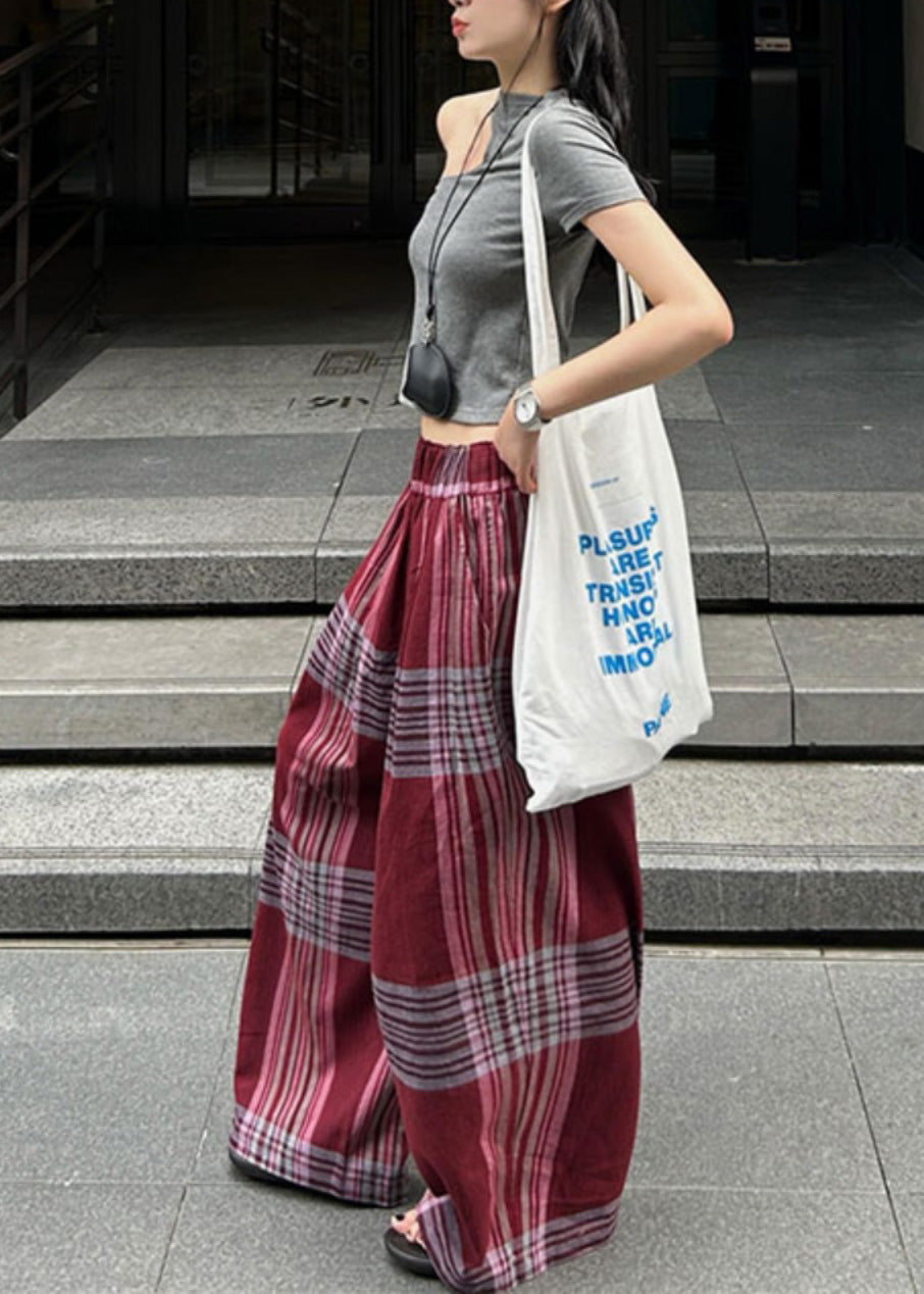 Loose Mulberry Oversized Plaid Cotton Straight Pants Summer