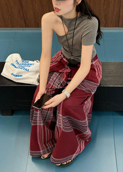 Loose Mulberry Oversized Plaid Cotton Straight Pants Summer