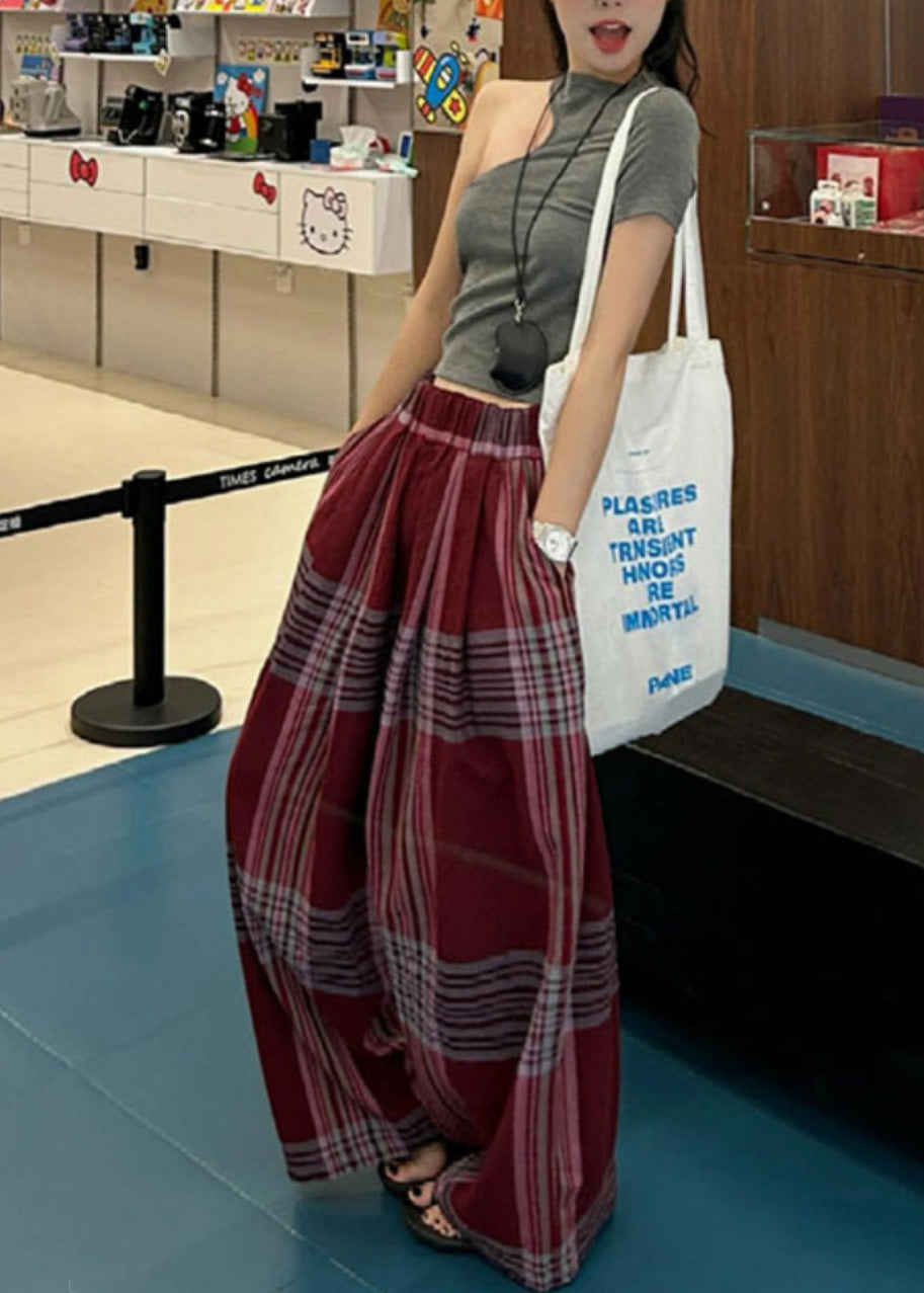 Loose Mulberry Oversized Plaid Cotton Straight Pants Summer