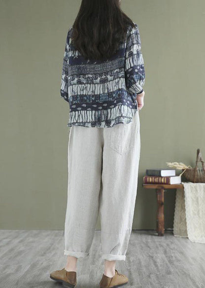 Lockeres, marineblaues, asymmetrisches Print-Shirt mit halben Ärmeln