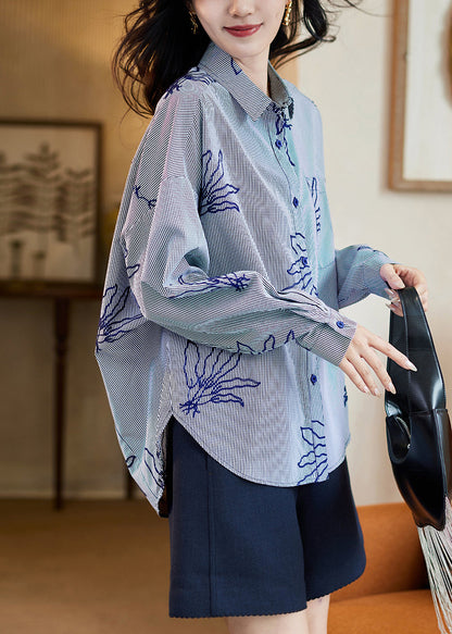 Loose Navy Blue Peter Pan Collar Striped Shirts Fall