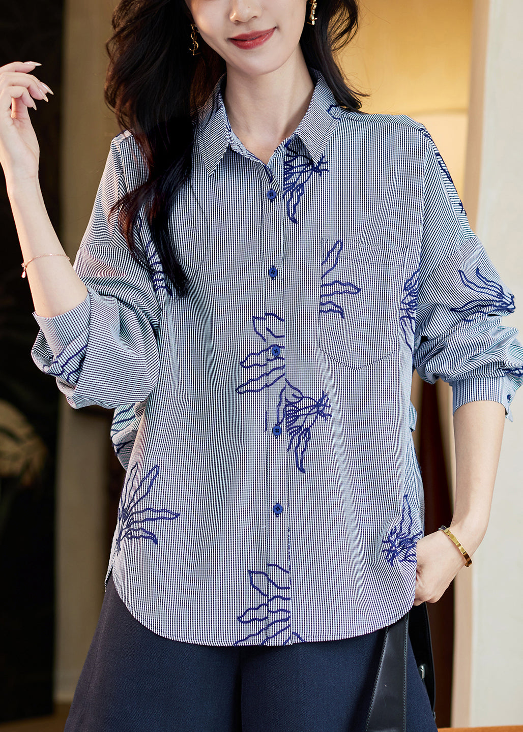 Loose Navy Blue Peter Pan Collar Striped Shirts Fall