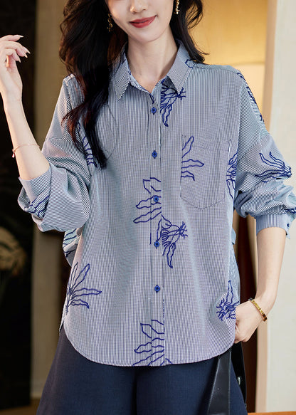 Loose Navy Blue Peter Pan Collar Striped Shirts Fall