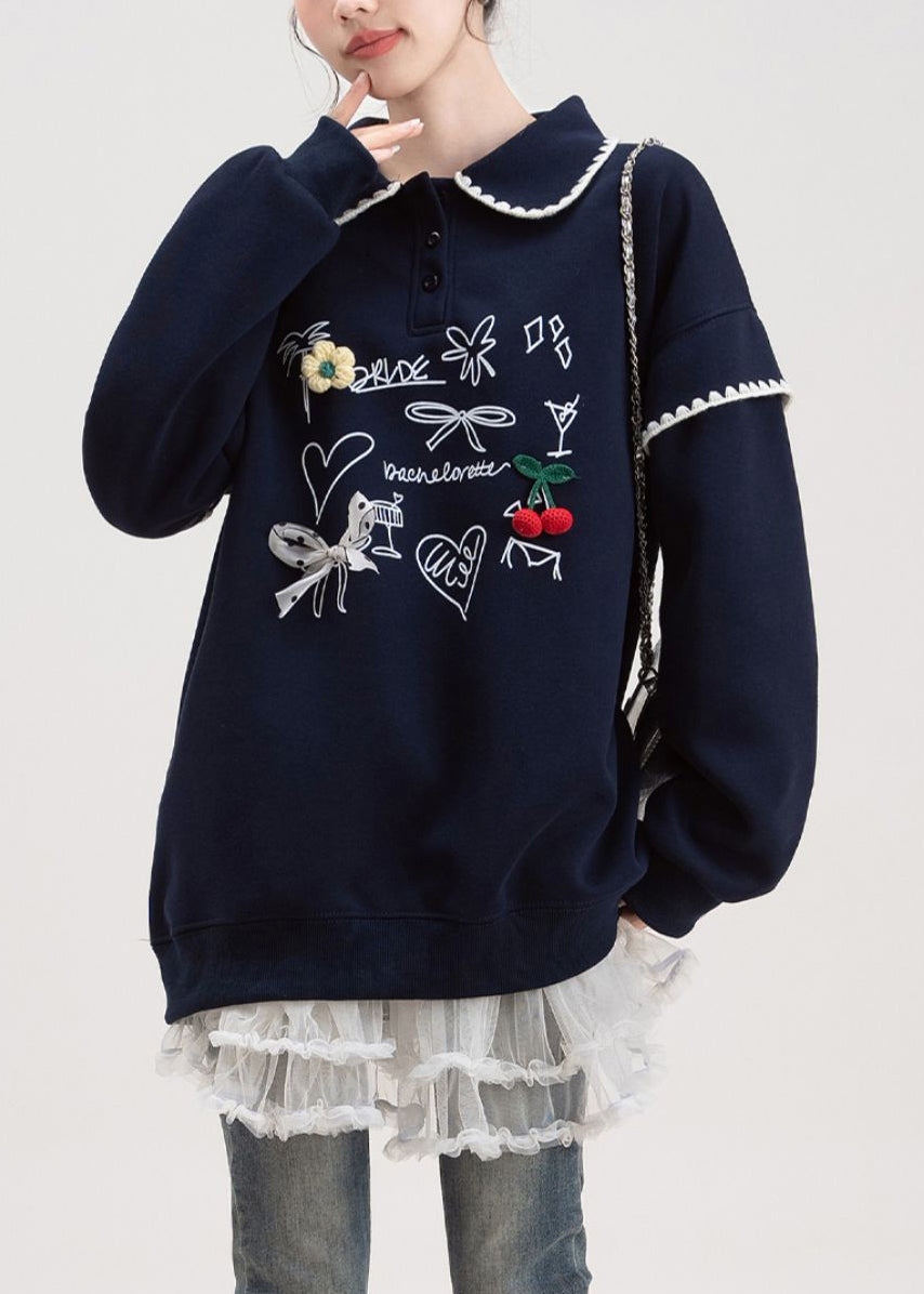 Suéter holgado de algodón con estampado de botones azul marino para primavera