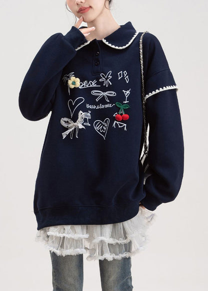 Suéter holgado de algodón con estampado de botones azul marino para primavera