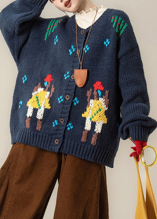 Locker geschnittene, marineblaue Strickmäntel mit Stickerei und Knöpfen für den Frühling