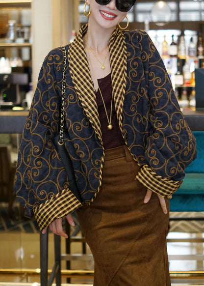 Locker geschnittene, marineblaue Baumwollstrickjacke mit beidseitiger Stickerei und Fledermausärmeln