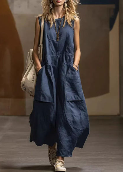 Loose Navy O-Neck Pockets Cotton Dresses Sleeveless