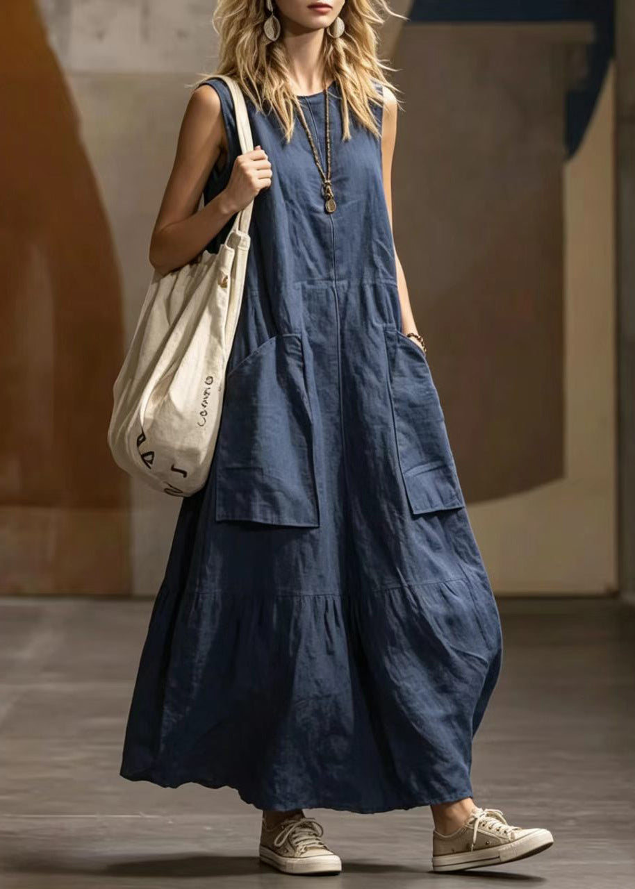 Loose Navy O-Neck Pockets Cotton Dresses Sleeveless