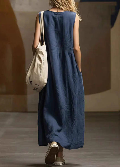Loose Navy O-Neck Pockets Cotton Dresses Sleeveless