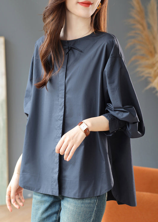 Loose Navy O Neck Side Open Cotton Blouse Spring