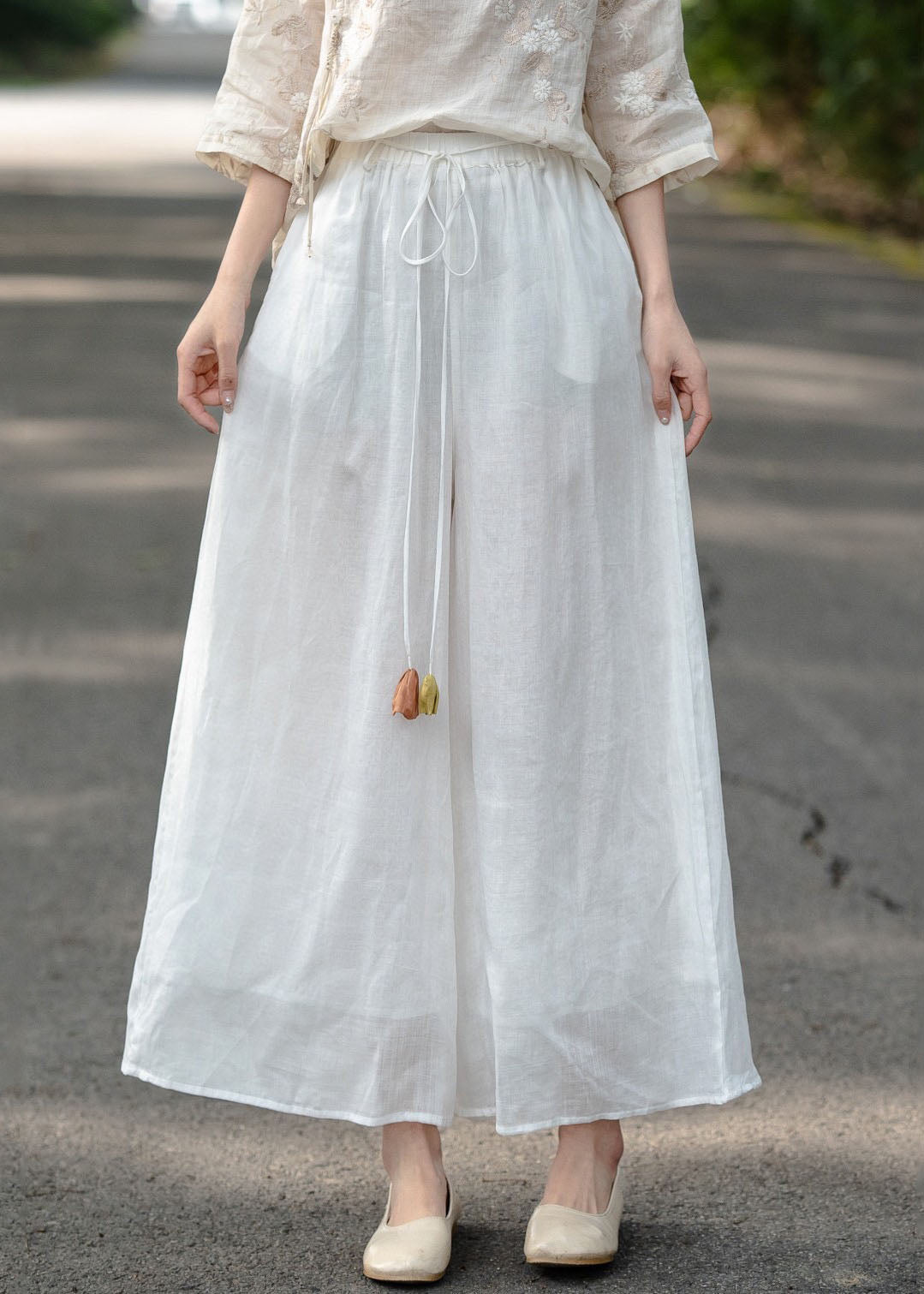 Loose Navy Pockets Elastic Waist Linen Pants Summer