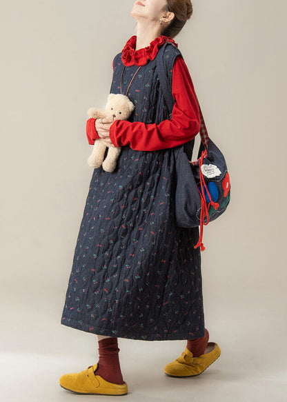 Conjunto de dos piezas de algodón relleno, vestido holgado azul marino estampado y camiseta roja con volantes, para invierno.