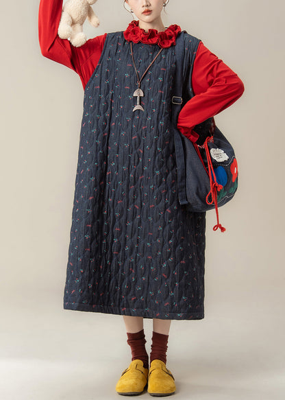 Conjunto de dos piezas de algodón relleno, vestido holgado azul marino estampado y camiseta roja con volantes, para invierno.