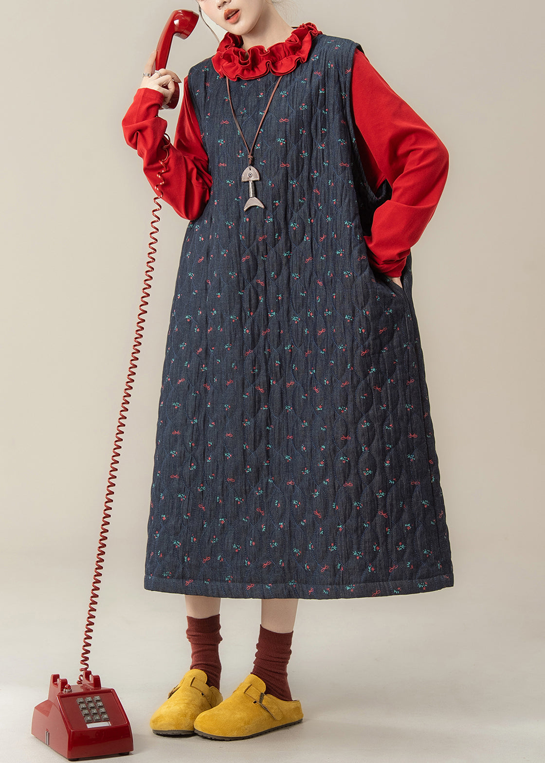 Conjunto de dos piezas de algodón relleno, vestido holgado azul marino estampado y camiseta roja con volantes, para invierno.