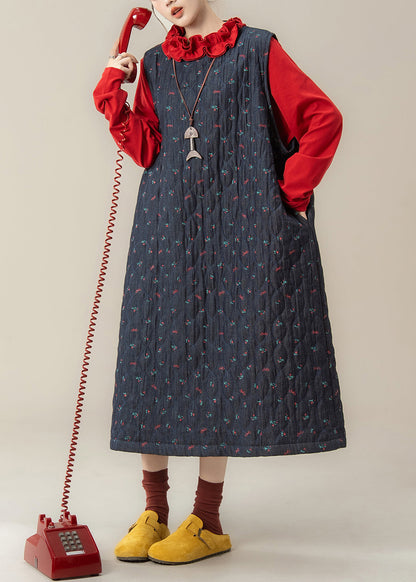 Conjunto de dos piezas de algodón relleno, vestido holgado azul marino estampado y camiseta roja con volantes, para invierno.