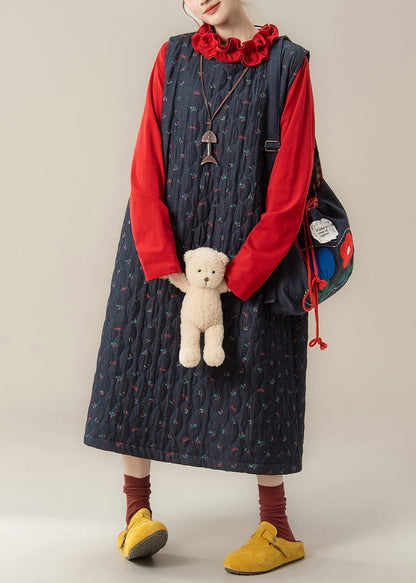 Conjunto de dos piezas de algodón relleno, vestido holgado azul marino estampado y camiseta roja con volantes, para invierno.