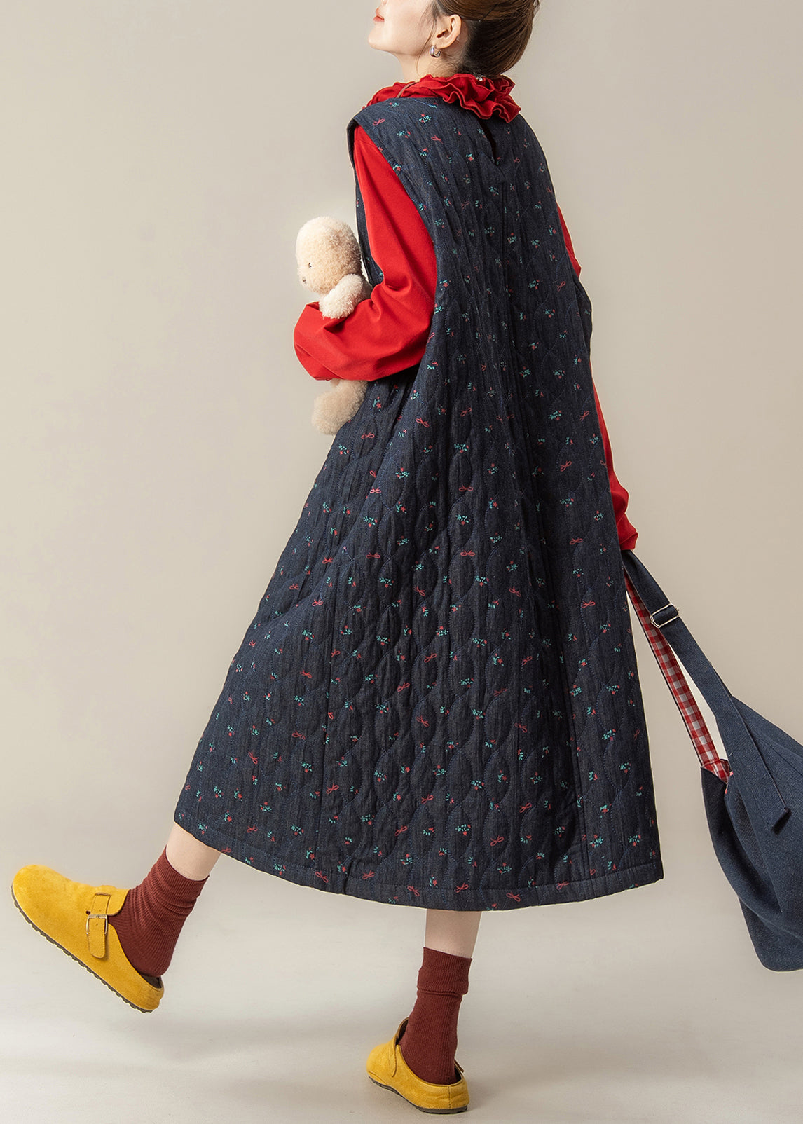 Conjunto de dos piezas de algodón relleno, vestido holgado azul marino estampado y camiseta roja con volantes, para invierno.