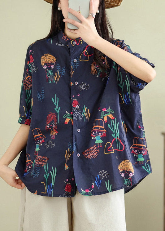 Loose Navy Print Patchwork Shirt Summer