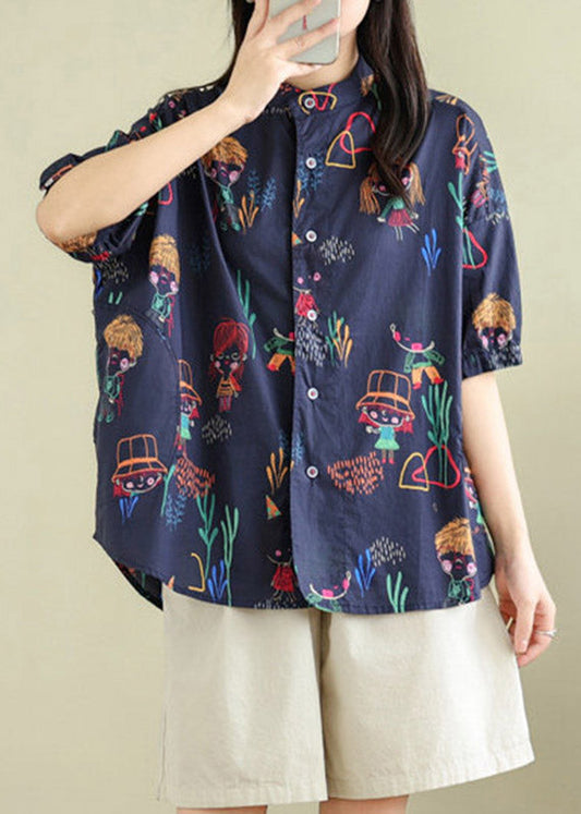 Loose Navy Print Patchwork Shirt Summer