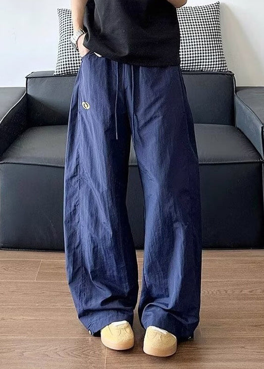 Loose Navy Solid Elastic Waist Cotton Men Pants Summer