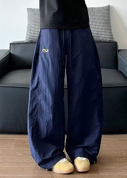 Loose Navy Solid Elastic Waist Cotton Men Pants Summer
