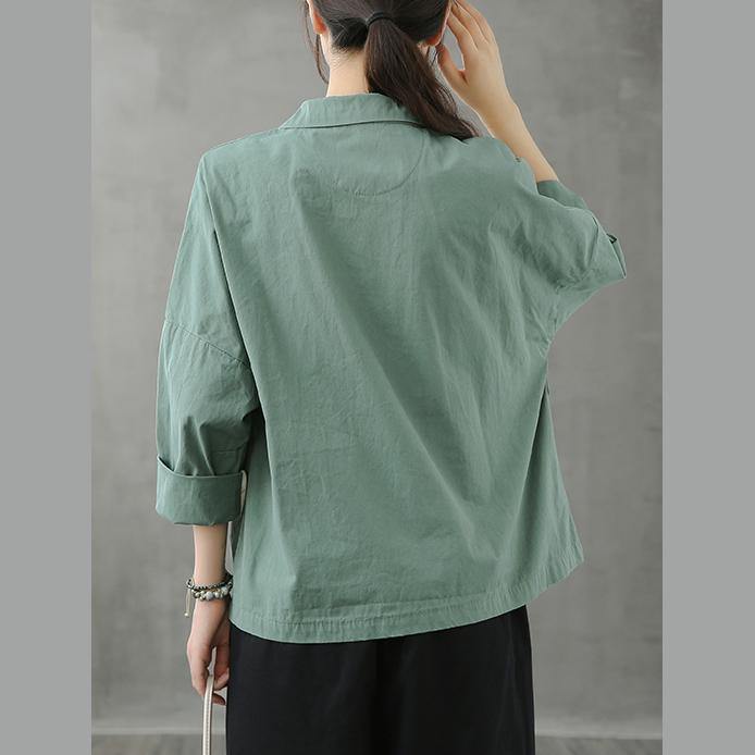 Loose Notched Button Down fall top Inspiration green blouses - SooLinen