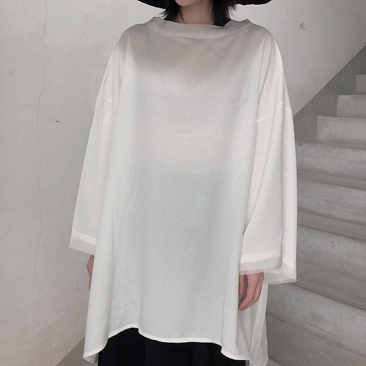 Loose O Neck Asymmetric Spring Shirts Neckline White Shirts - SooLinen