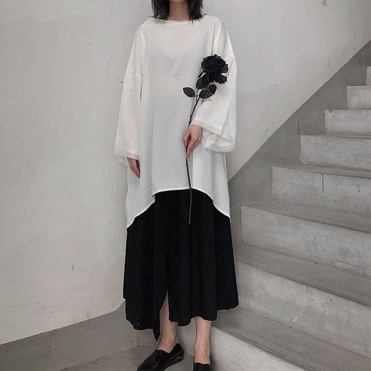 Loose O Neck Asymmetric Spring Shirts Neckline White Shirts - SooLinen