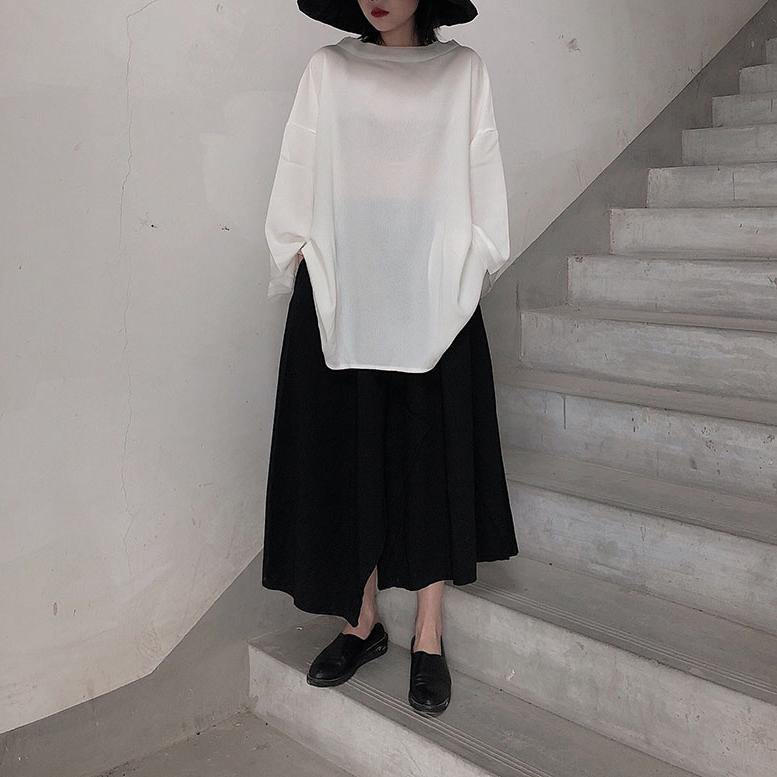 Loose O Neck Asymmetric Spring Shirts Neckline White Shirts - SooLinen