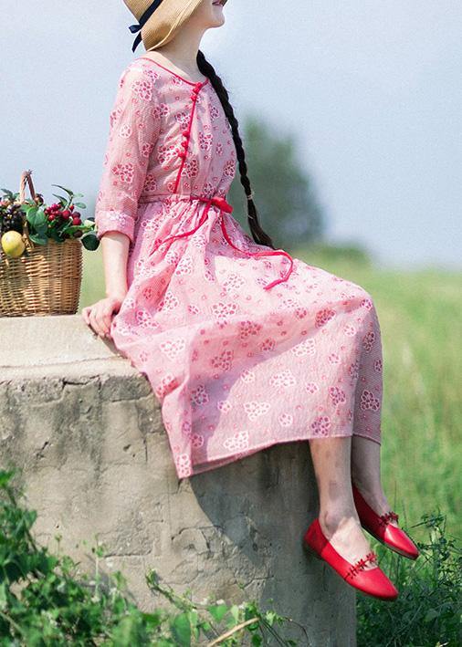 Loose O Neck Drawstring Summer Tunic Work Pink Print Art Dresses - SooLinen