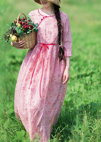 Loose O Neck Drawstring Summer Tunic Work Pink Print Art Dresses - SooLinen