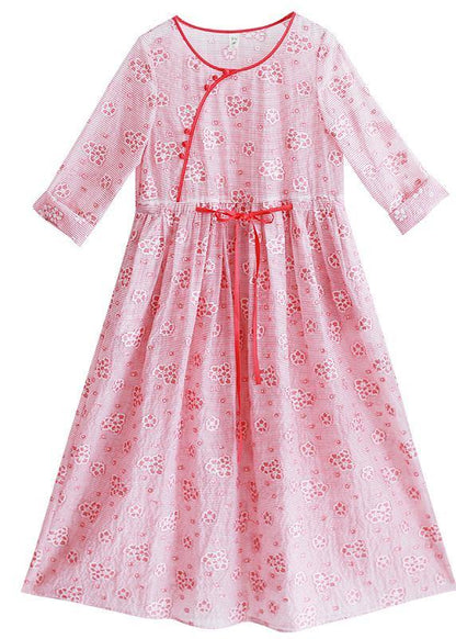 Loose O Neck Drawstring Summer Tunic Work Pink Print Art Dresses - SooLinen