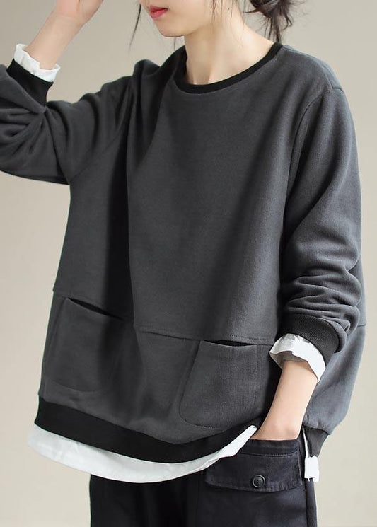 Loose O Neck False Two Pieces Spring Shirts Christmas Gifts Gray Blouses - SooLinen