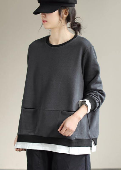 Loose O Neck False Two Pieces Spring Shirts Christmas Gifts Gray Blouses - SooLinen