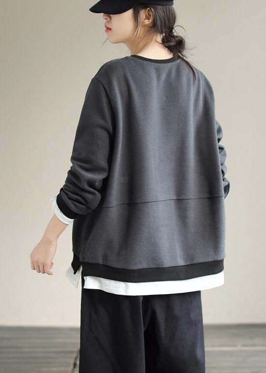 Loose O Neck False Two Pieces Spring Shirts Christmas Gifts Gray Blouses - SooLinen