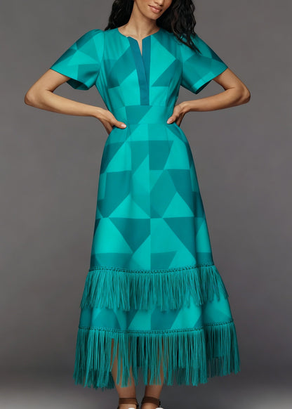 Loose O Neck Geometric Print Tassel Patchwork Cotton Dress Summer