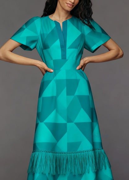 Loose O Neck Geometric Print Tassel Patchwork Cotton Dress Summer