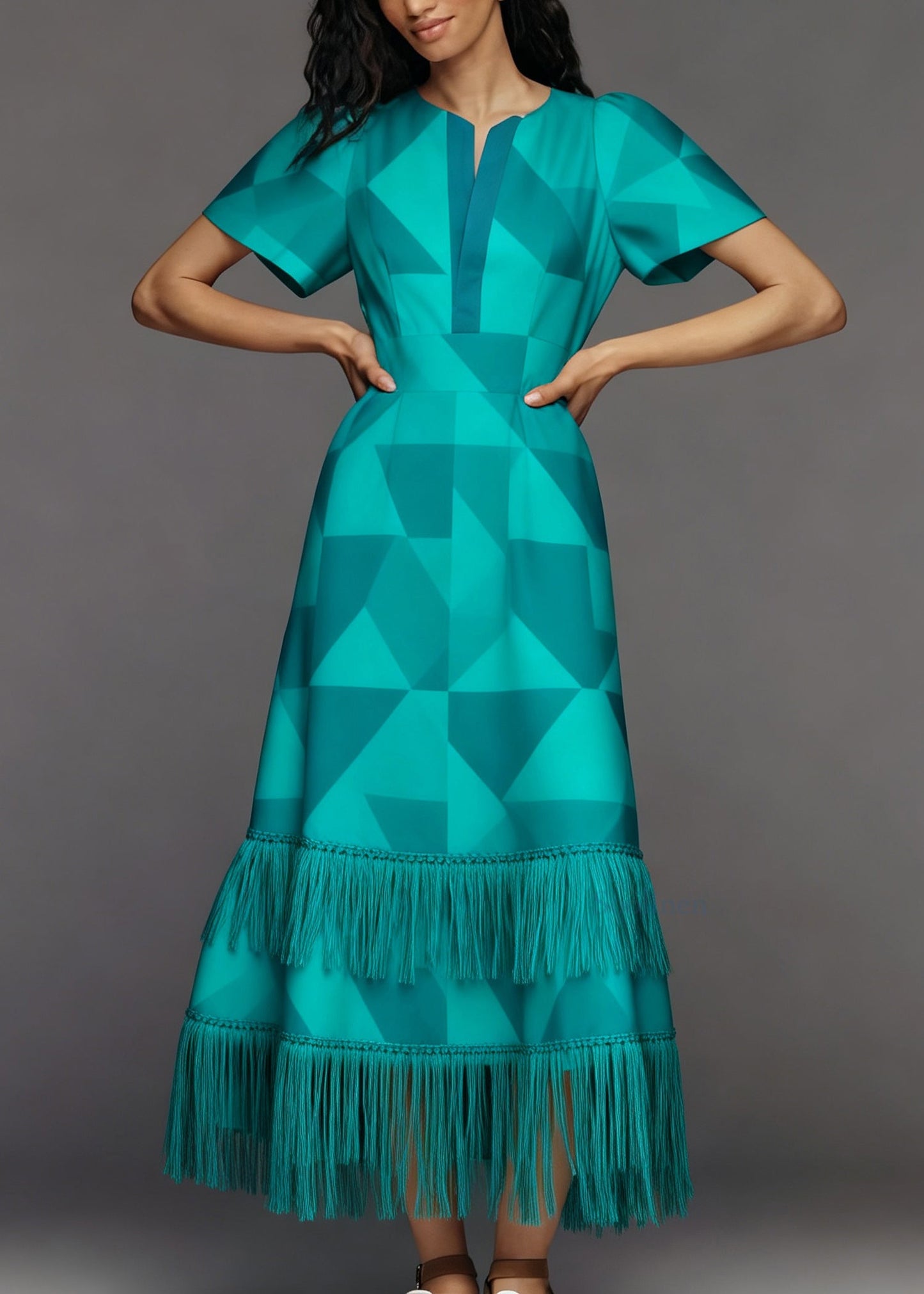 Loose O Neck Geometric Print Tassel Patchwork Cotton Dress Summer