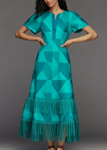 Loose O Neck Geometric Print Tassel Patchwork Cotton Dress Summer