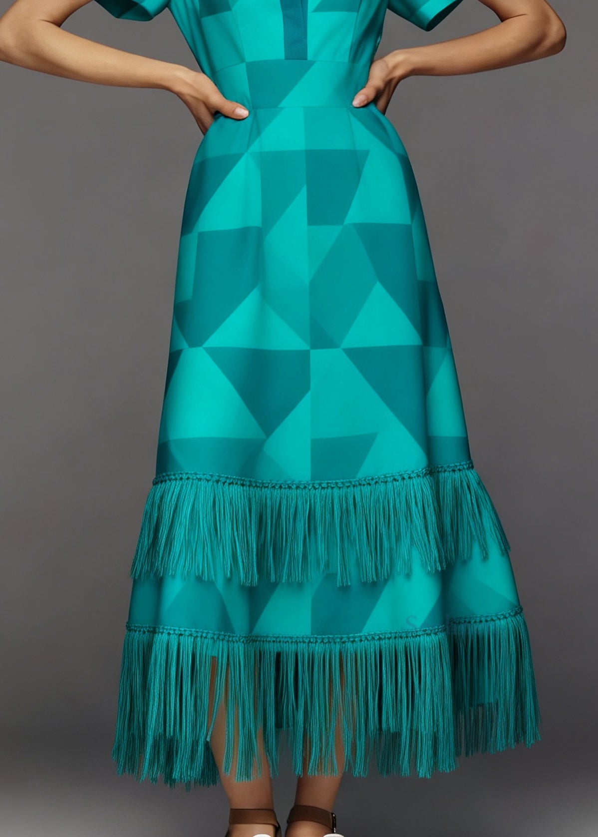 Loose O Neck Geometric Print Tassel Patchwork Cotton Dress Summer