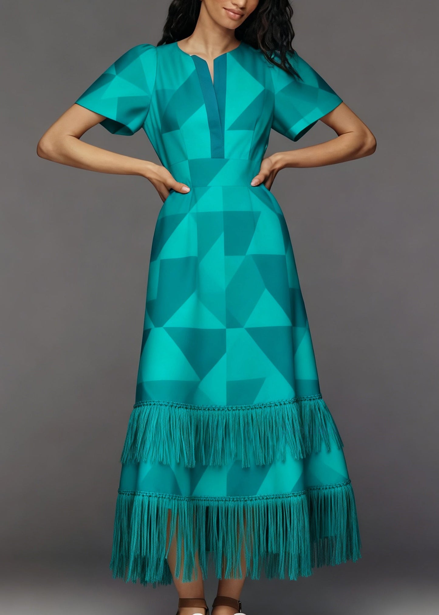 Loose O Neck Geometric Print Tassel Patchwork Cotton Dress Summer