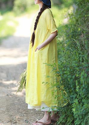 Loose O Neck Short Sleeve Clothes Work Yellow Dresses - SooLinen