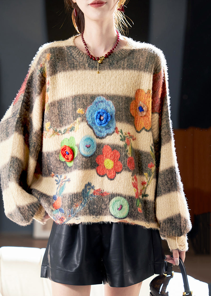 Loose O Neck Striped Floral Knit Sweaters Winter