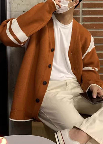 Loose Orange Button Cozy Patchwork Knit Mens Coats Spring