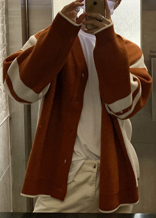 Loose Orange Button Cozy Patchwork Knit Mens Coats Spring